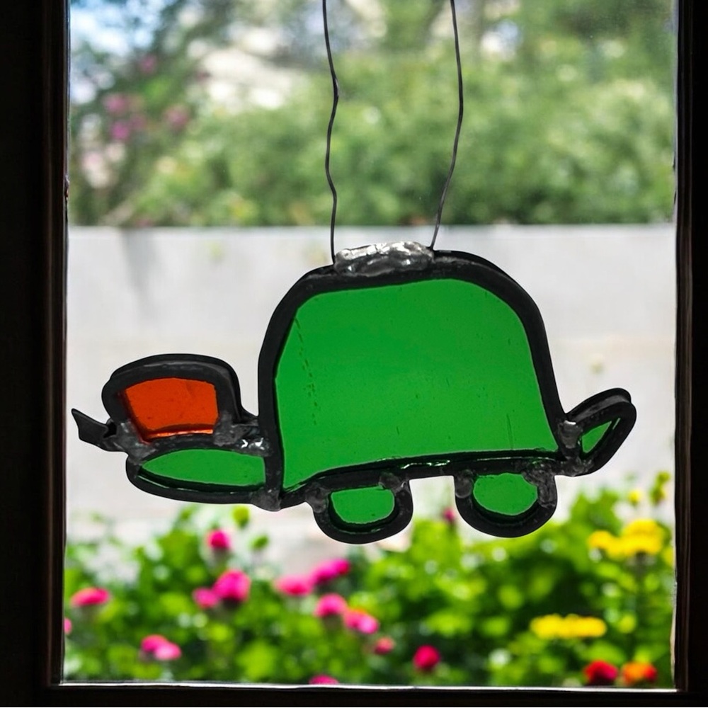 Vintage Suncatcher Turtle Stained Glass Green and Red